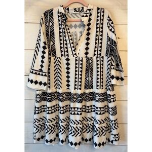 Silk & Salt Womens Small Black White Geometric Tribal Tiered Mini Dress V-Neck